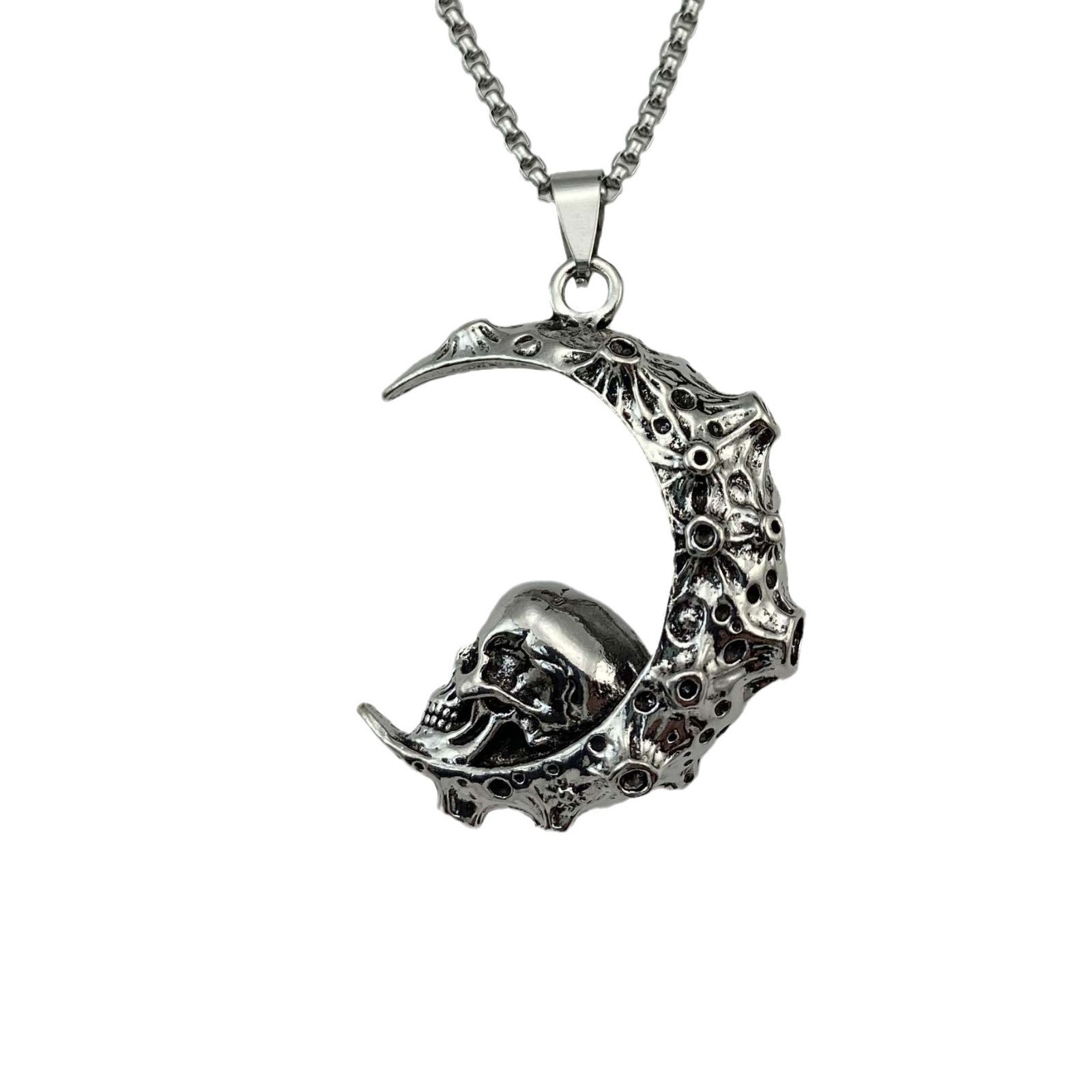 Big Stainless Steel 3D Moon Skull Pendant Biker Punk Neckalce For Man Jewelry Free Shipping