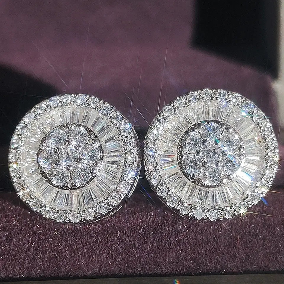 Shimmering Clear Halo Earrings - Women's 14k Gold Rhodium Plated CZ Halo Stud Brass Earrings