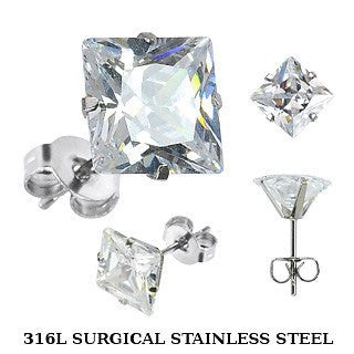 Evangeline - Classic Design Stainless Steel Earrings with Square Cut Cubic Zirconias