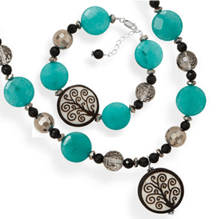 Tree of Life Necklace and Bracelet - Black Onyx Dyed Jade and Czech Glass with Wooden Tree Of Life Bead Sterling Silver N-39-B-82