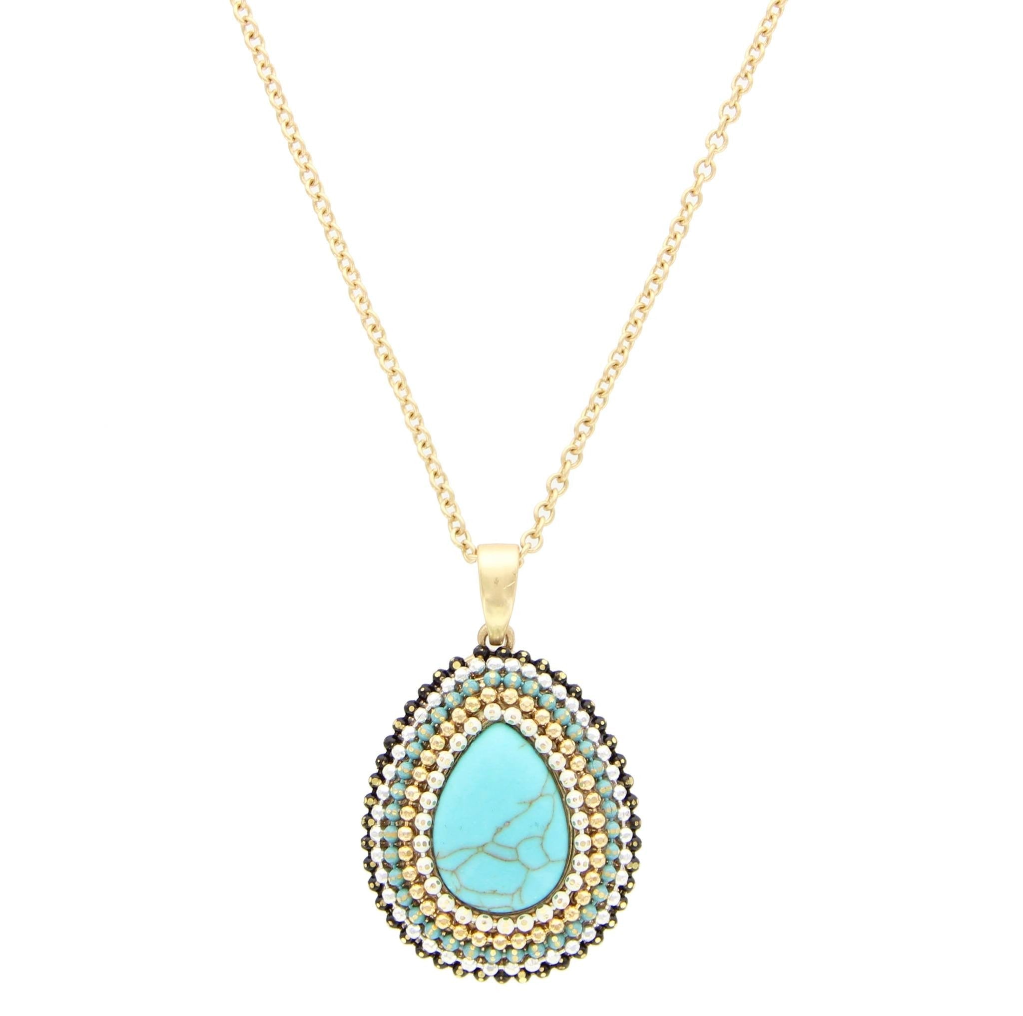 Sparkling Sage - Bead and Stone Detailed Teardrop Pendant Necklace